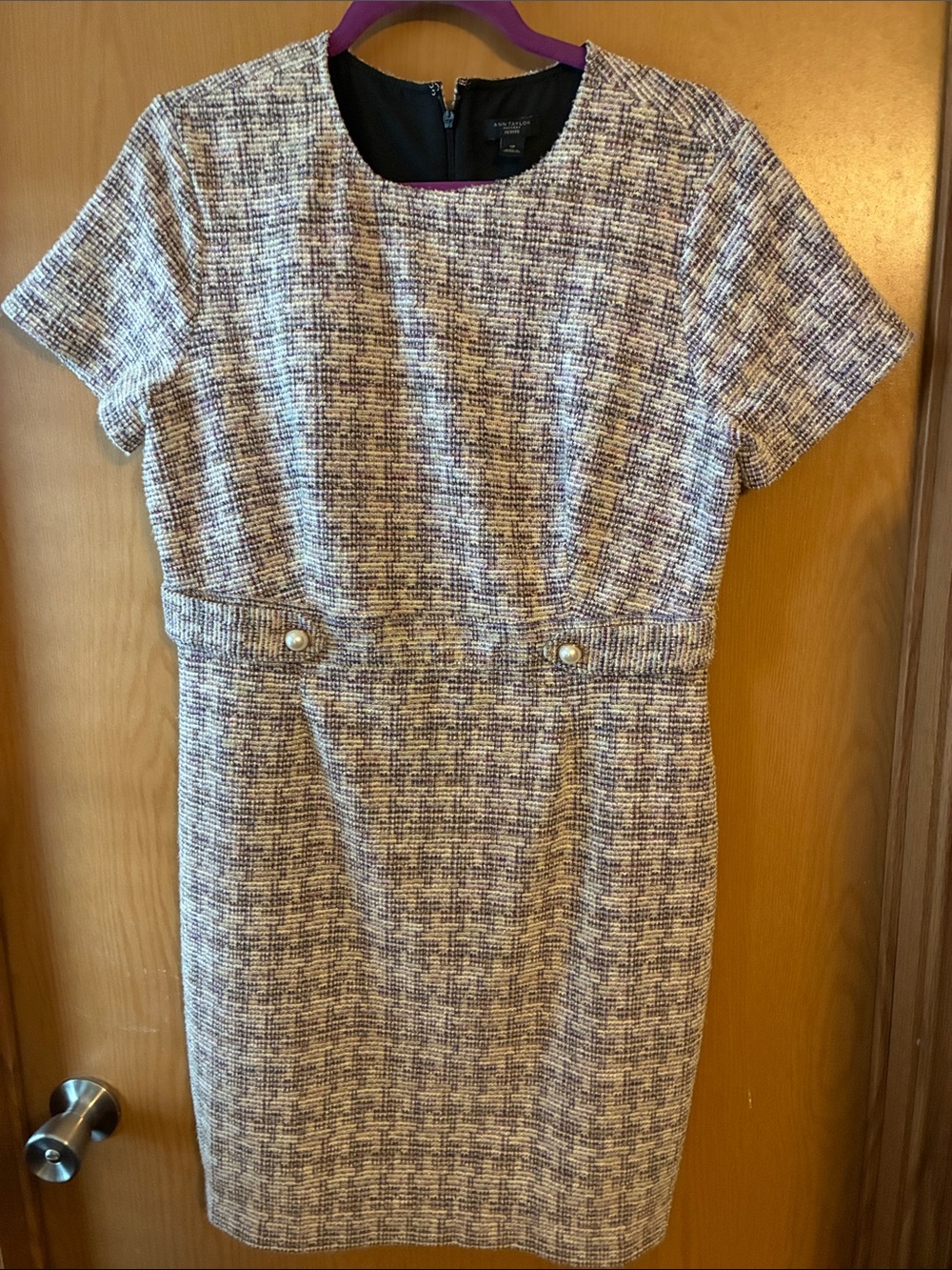 Ann Taylor Purple and Cream Textured Short-Sleeve Sheath Dress